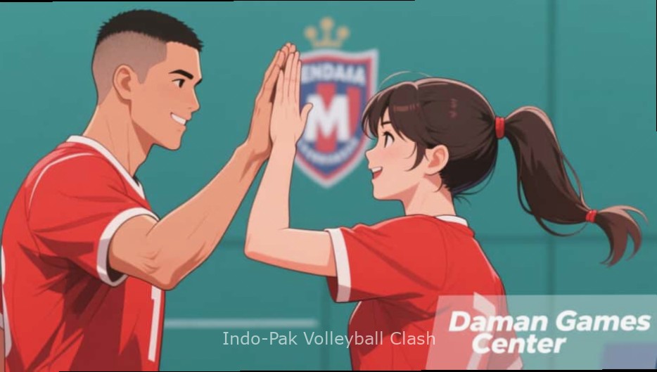 Indo-Pak Volleyball Clash - Intense Match Action Indo-Pak Volleyball Clash game screenshot showing intense match between Indian and Pakistani teams